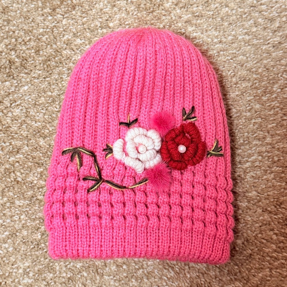 VTG Y2K Pink Embroidered Beanie Cap Knot Flowers Bling 90s